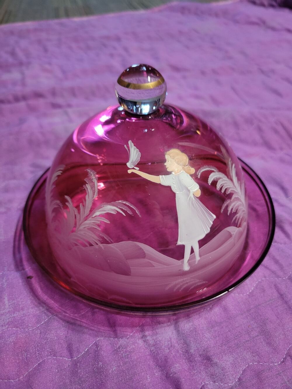 Hand Painted Mary Gregory Pink Cheese Tray W Lid Hand Painted Girl